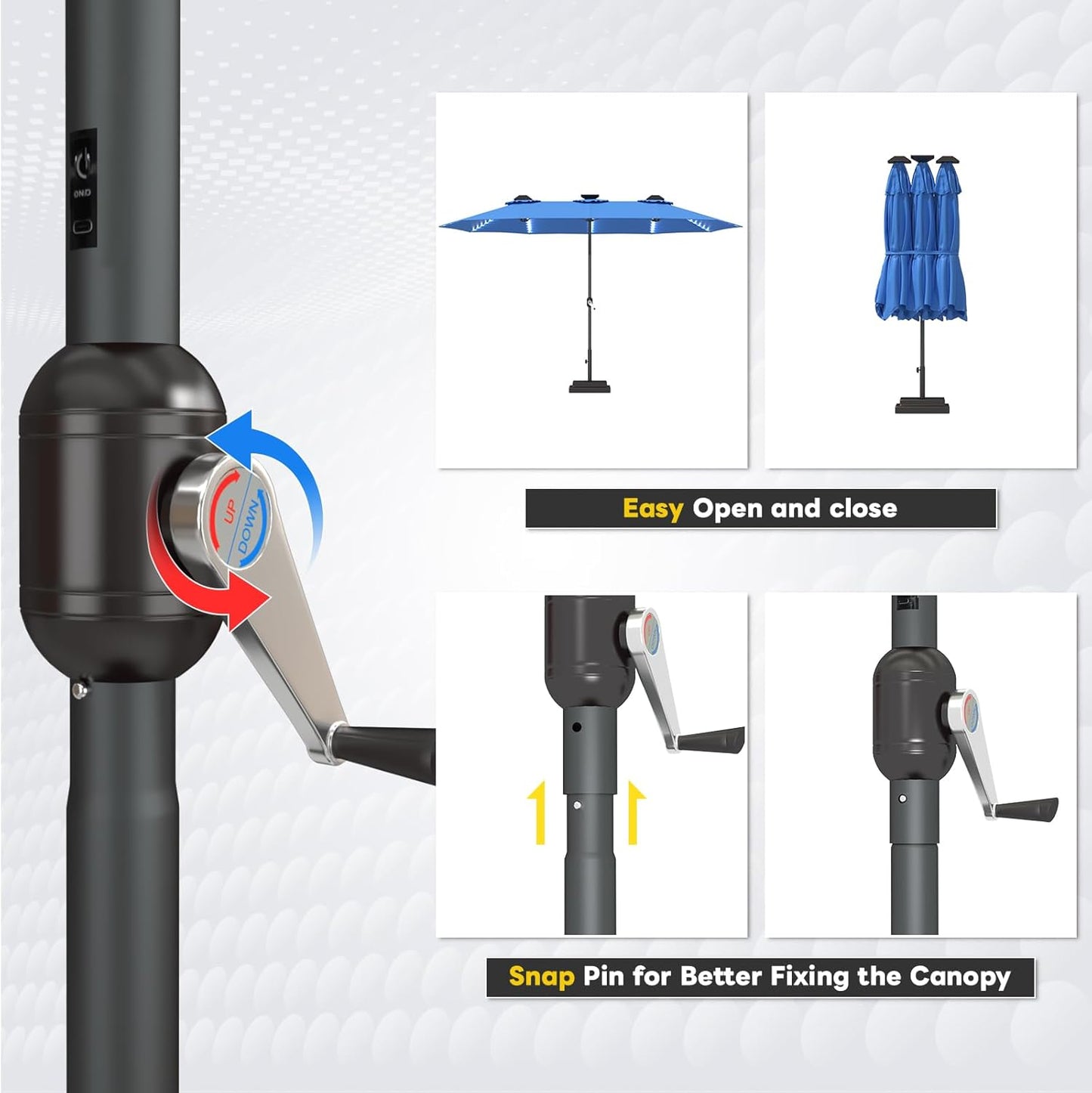 15ft Patio Umbrella with Solar Lights, Large Double Umbrella Outdoor, Rectangle 180''x106'' Umbrellas with 156 PCS LED Lights and Crank Handle for Backyard Deck Pool Shade in Black(1.9" Pole)