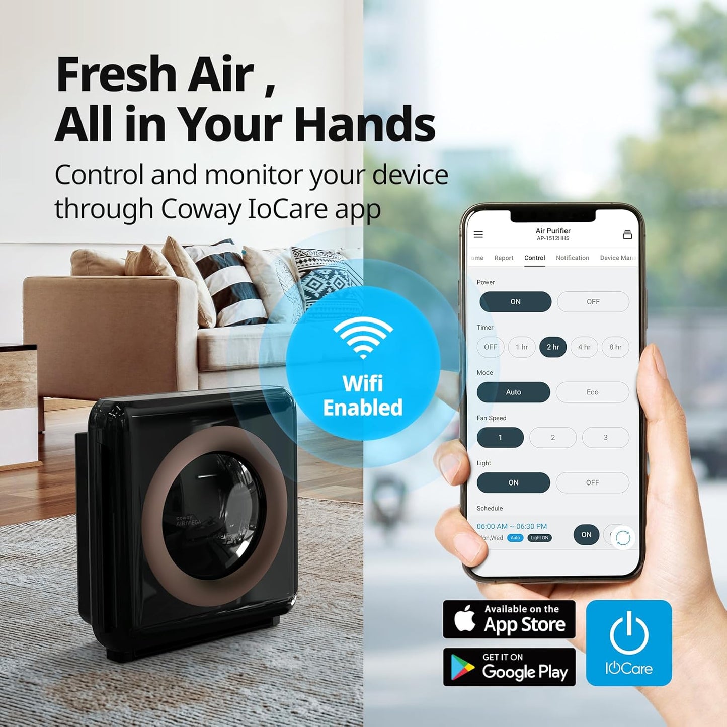 Airmega AP-1512HH(W) True HEPA Purifier with Air Quality Monitoring, Auto, Timer, Filter Indicator, and Eco Mode, 16.8 x 18.3 x 9.7, White