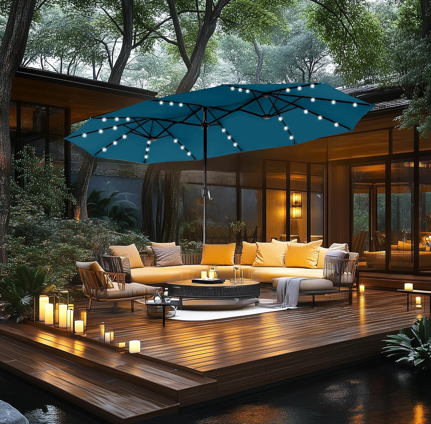 15ft Double Sided Patio Umbrella with Solar Lights, Outdoor Large Umbrellas with Crank Handle and 36 LED Lights, Rectangular Market Umbrella with Base Included for Deck Pool Shade