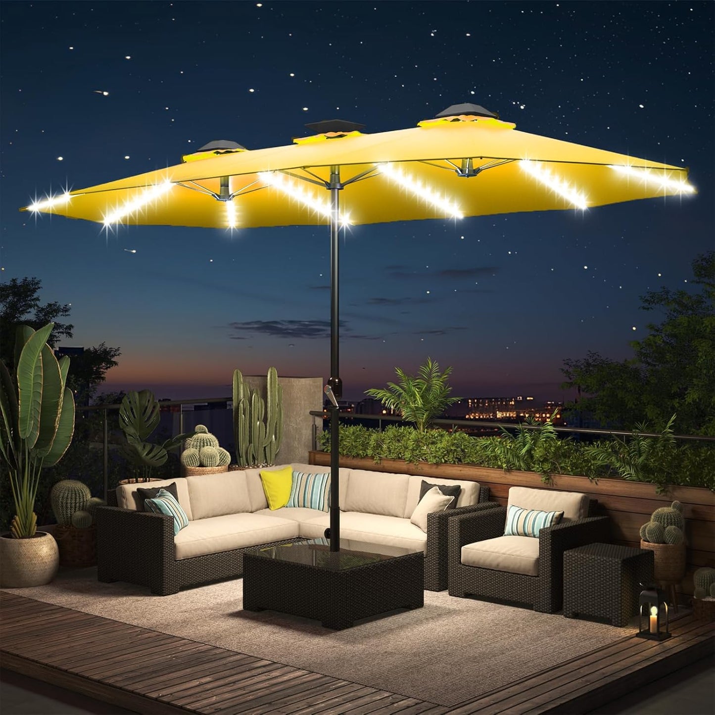 15ft Patio Umbrella with Solar Lights, Large Double Umbrella Outdoor, Rectangle 180''x106'' Umbrellas with 156 PCS LED Lights and Crank Handle for Backyard Deck Pool Shade in Black(1.9" Pole)