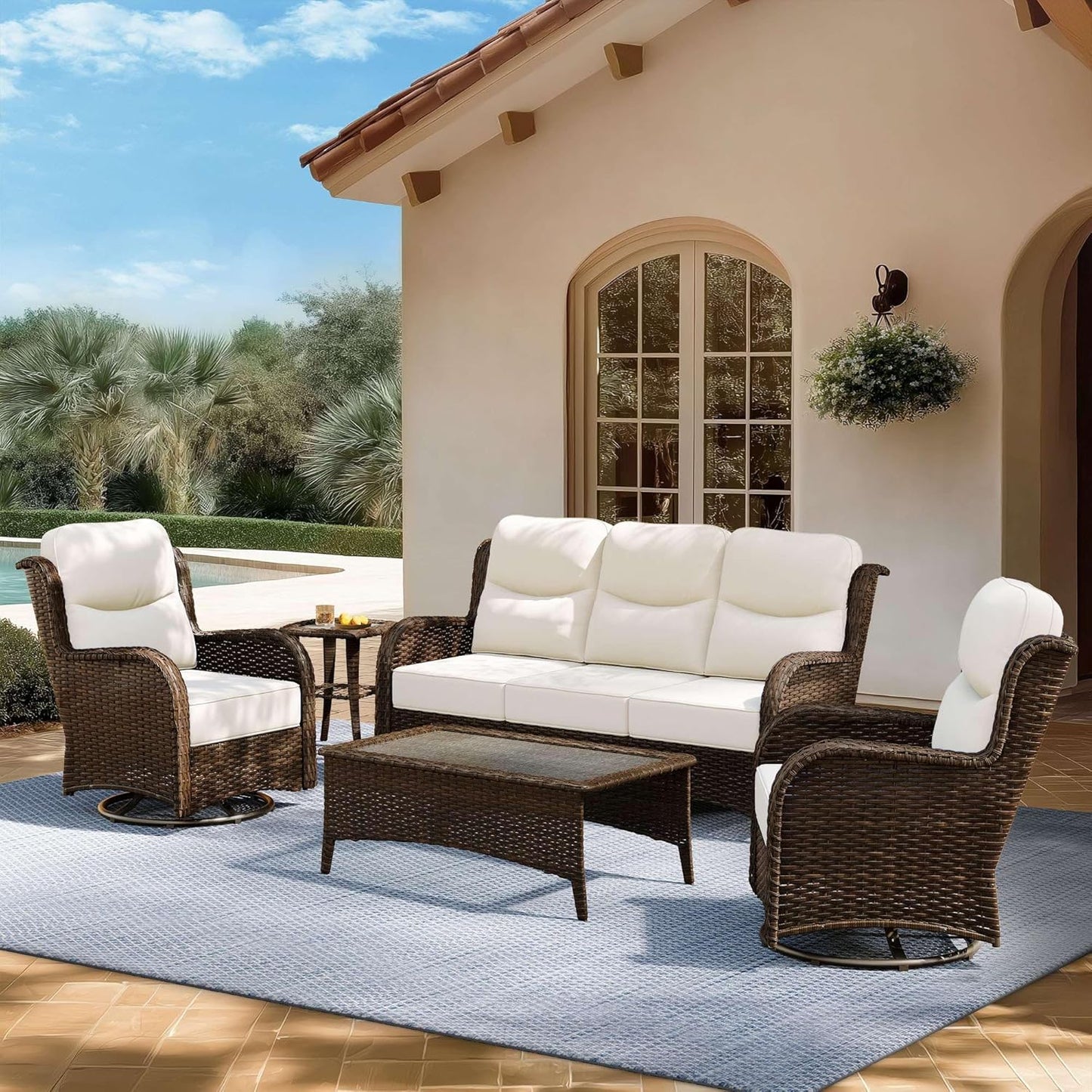 Outdoor Swivel Rocker Patio Chairs with 6-Inch Thick Cushions and Side Table, 3PCS High Back Wicker Patio Furniture Set for Porch, Balcony, Deck and Yard in Blue