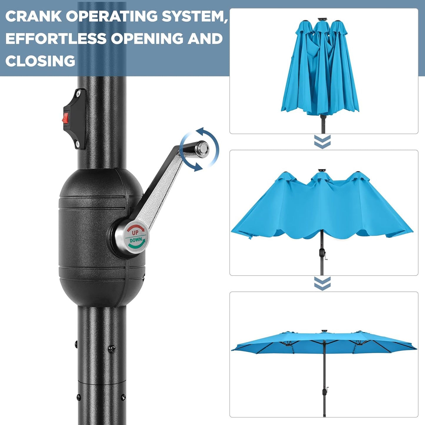 15 ft Large Patio Umbrella with Solar Lights Double-Sided Outdoor Rectangle Market Umbrellas with 36 LED Lights/Base Included/Easy Crank for Patio Garden Yard Pool Lawn, Brown