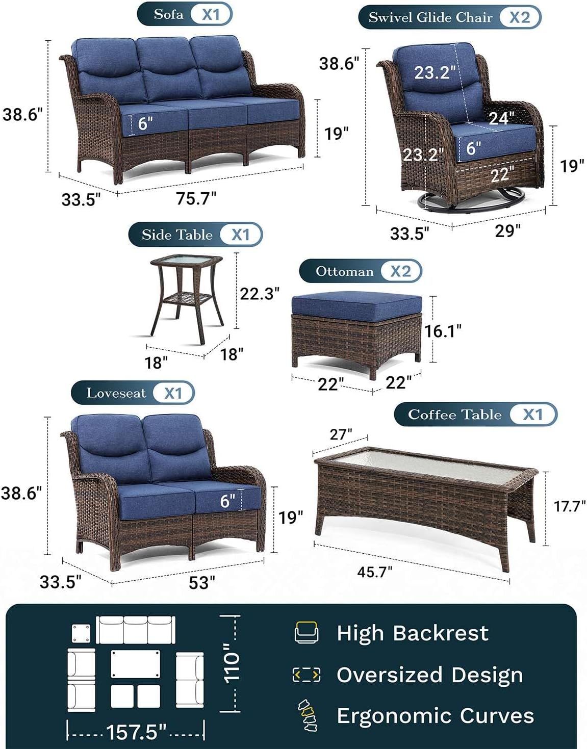 Outdoor Swivel Rocker Patio Chairs with 6-Inch Thick Cushions and Side Table, 3PCS High Back Wicker Patio Furniture Set for Porch, Balcony, Deck and Yard in Blue