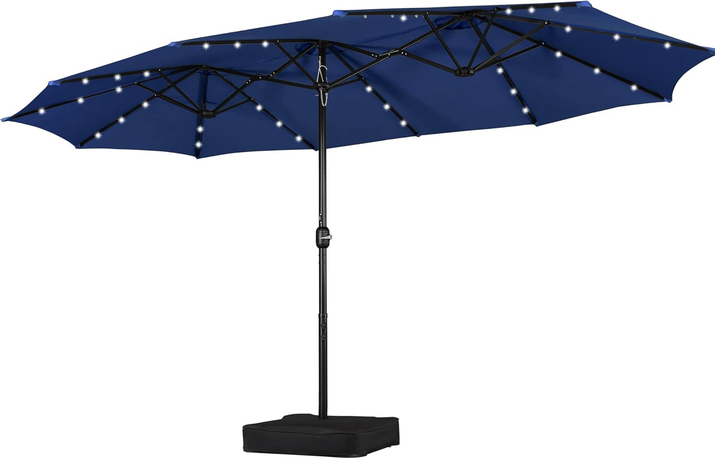 15 ft Large Patio Umbrella with Solar Lights Double-Sided Outdoor Rectangle Market Umbrellas with 36 LED Lights/Base Included/Easy Crank for Patio Garden Yard Pool Lawn, Brown