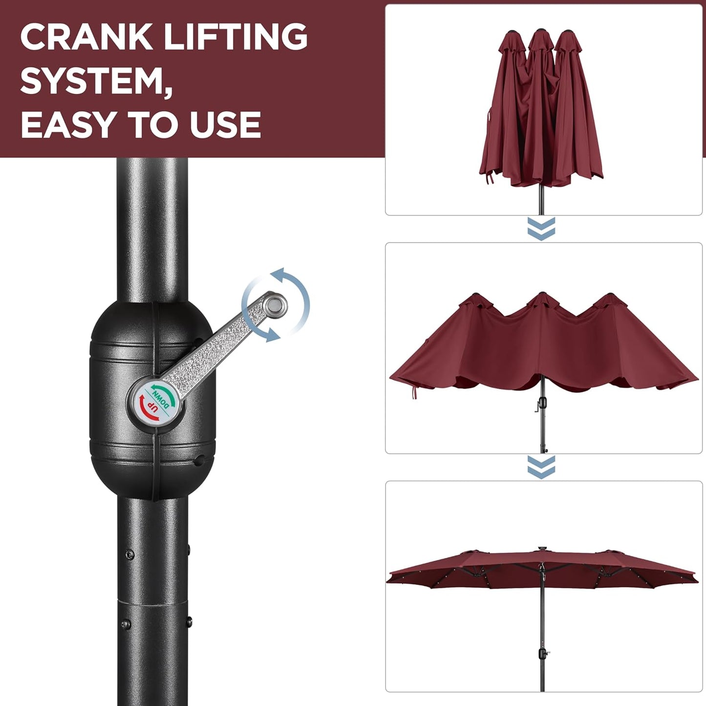 15 ft Large Patio Umbrella with Solar Lights Double-Sided Outdoor Rectangle Market Umbrellas with 36 LED Lights/Base Included/Easy Crank for Patio Garden Yard Pool Lawn, Brown
