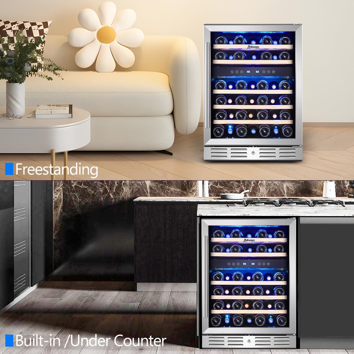 24 inch Wine Cooler, 46 Bottle - Dual Zone Built-in or Freestanding Fridge with Stainless Steel Reversible Glass Door, for Home, Kitchen, or Office.