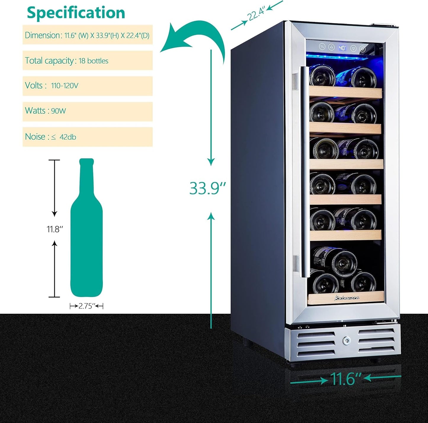 24 inch Wine Cooler, 46 Bottle - Dual Zone Built-in or Freestanding Fridge with Stainless Steel Reversible Glass Door, for Home, Kitchen, or Office.