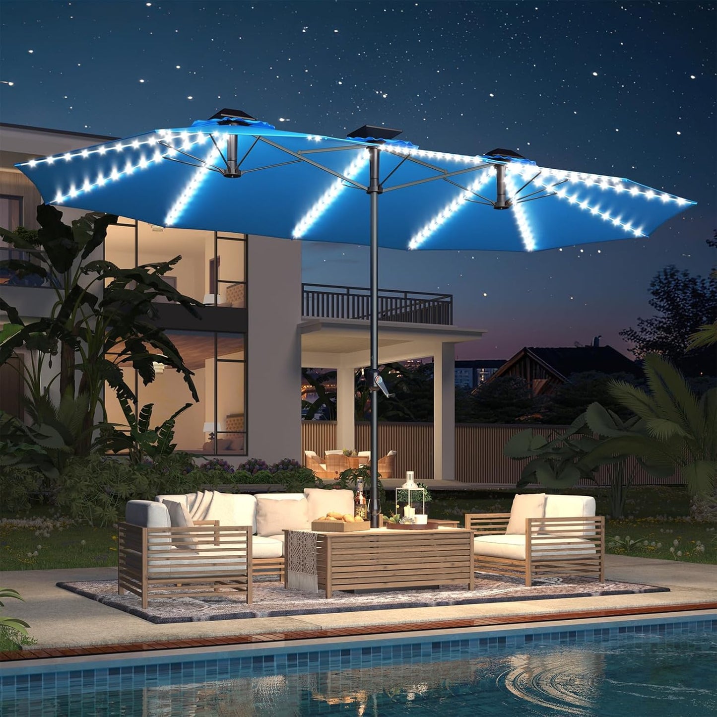 15ft Patio Umbrella with Solar Lights, Large Double Umbrella Outdoor, Rectangle 180''x106'' Umbrellas with 156 PCS LED Lights and Crank Handle for Backyard Deck Pool Shade in Black(1.9" Pole)
