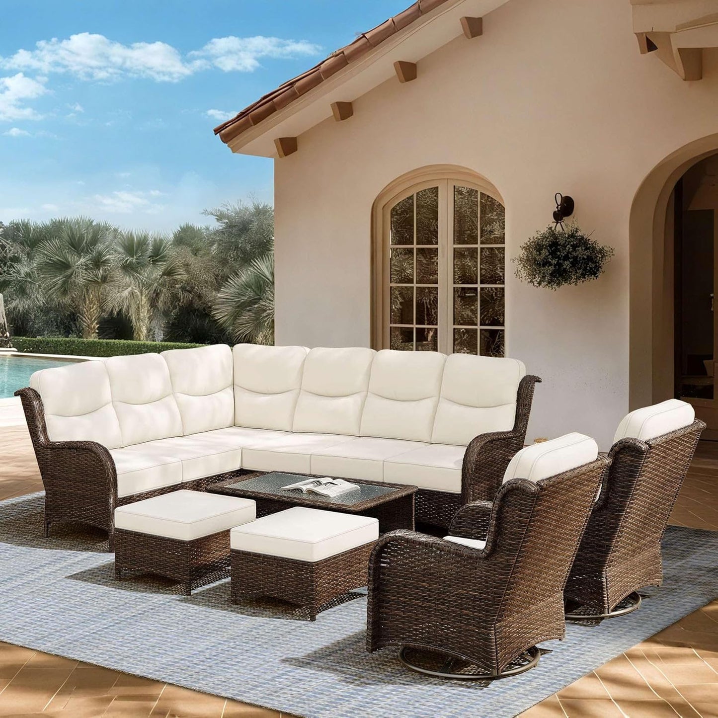 Outdoor Swivel Rocker Patio Chairs with 6-Inch Thick Cushions and Side Table, 3PCS High Back Wicker Patio Furniture Set for Porch, Balcony, Deck and Yard in Blue