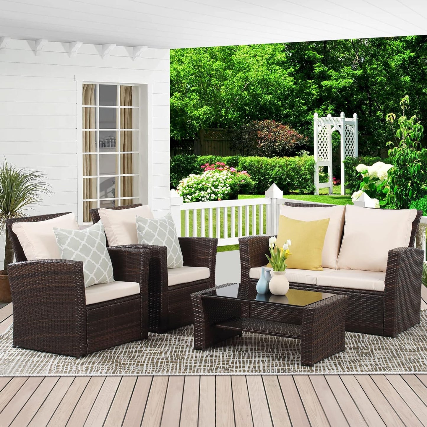 Wisteria Lane 4 Piece Outdoor Patio Furniture Sets, Wicker Conversation Set for Porch Deck, Grey Rattan Sofa Chair with Cushion （Blue