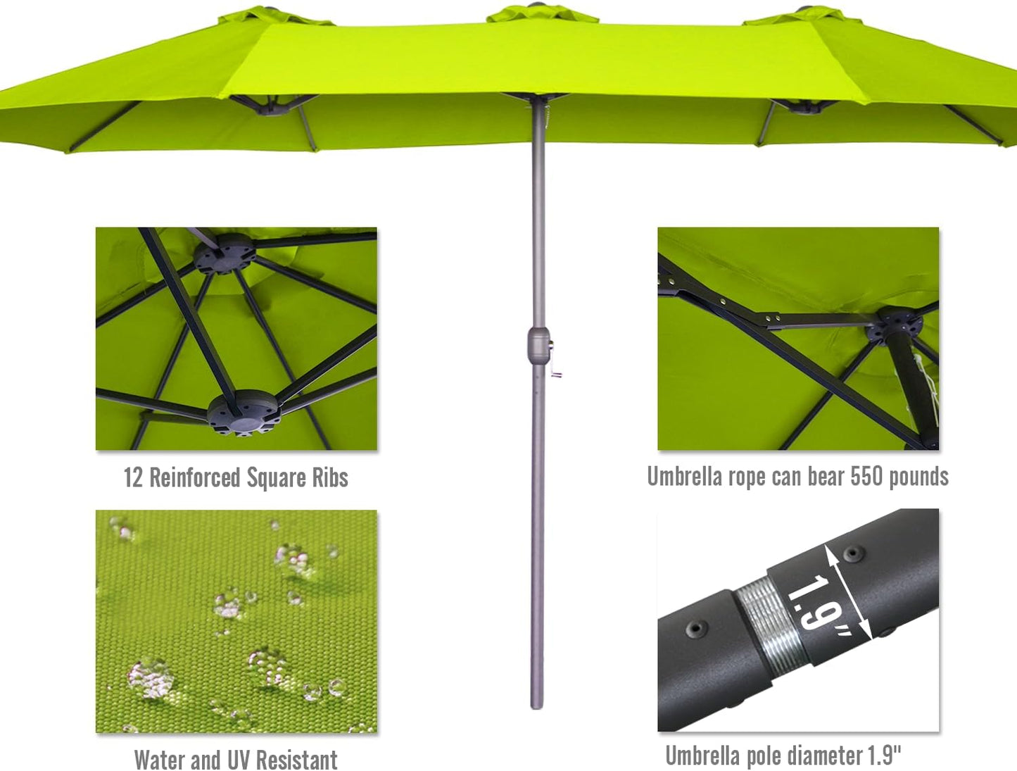 15ft Patio Umbrella with Solar Lights, Large Double Umbrella Outdoor, Rectangle 180''x106'' Umbrellas with 156 PCS LED Lights and Crank Handle for Backyard Deck Pool Shade in Black(1.9" Pole)