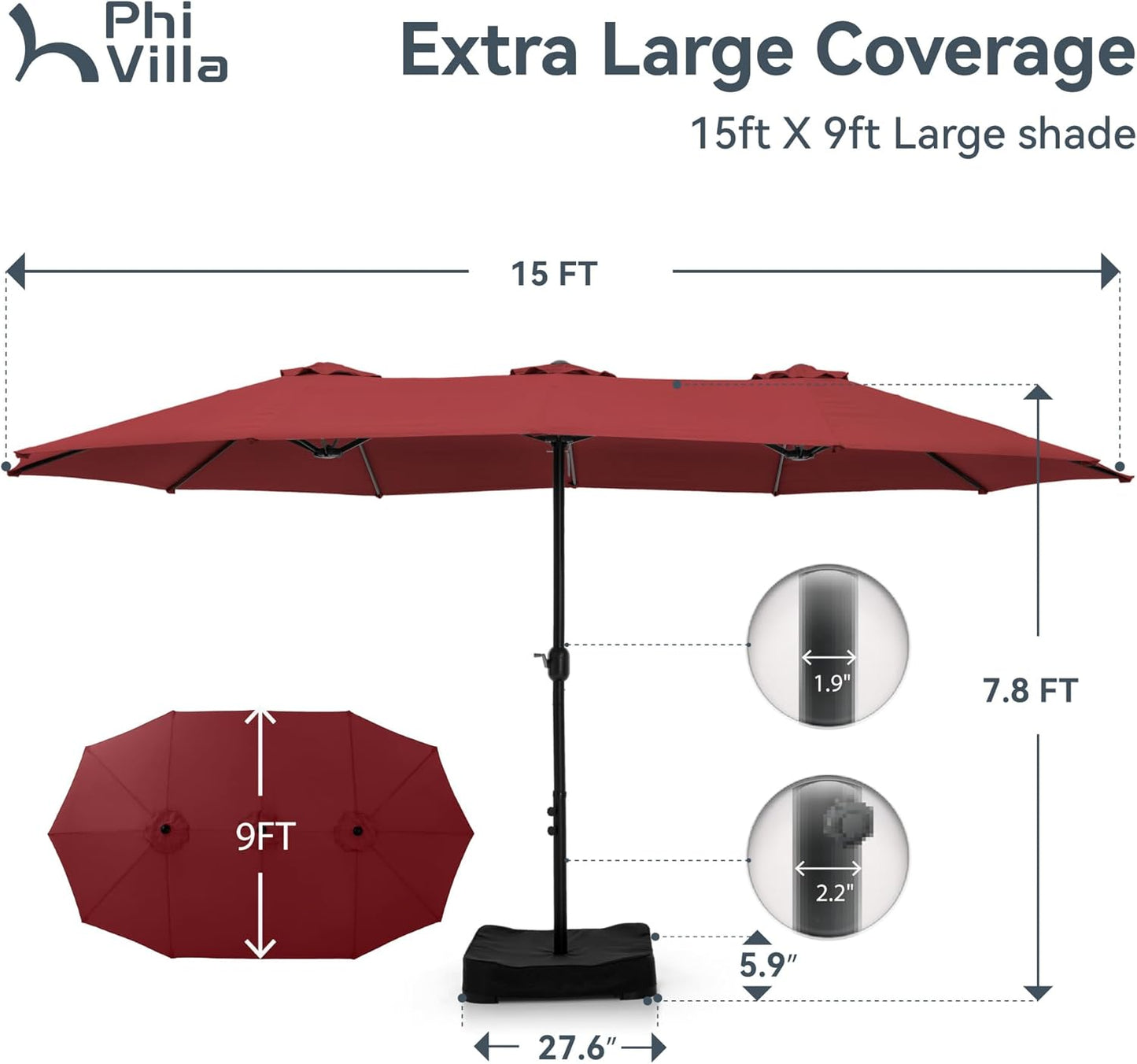 15ft Patio Umbrella Double-Sided Outdoor Market Extra Large Umbrella with Crank, Umbrella Base Included (Dark Red)