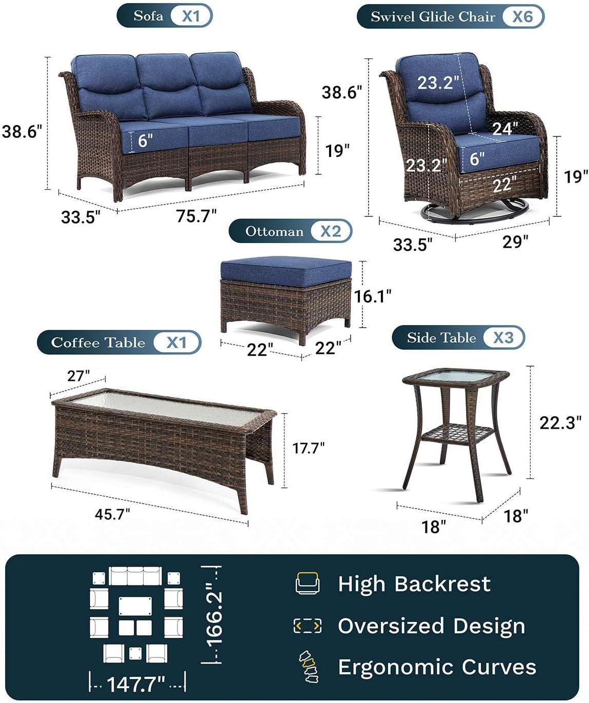 Outdoor Swivel Rocker Patio Chairs with 6-Inch Thick Cushions and Side Table, 3PCS High Back Wicker Patio Furniture Set for Porch, Balcony, Deck and Yard in Blue