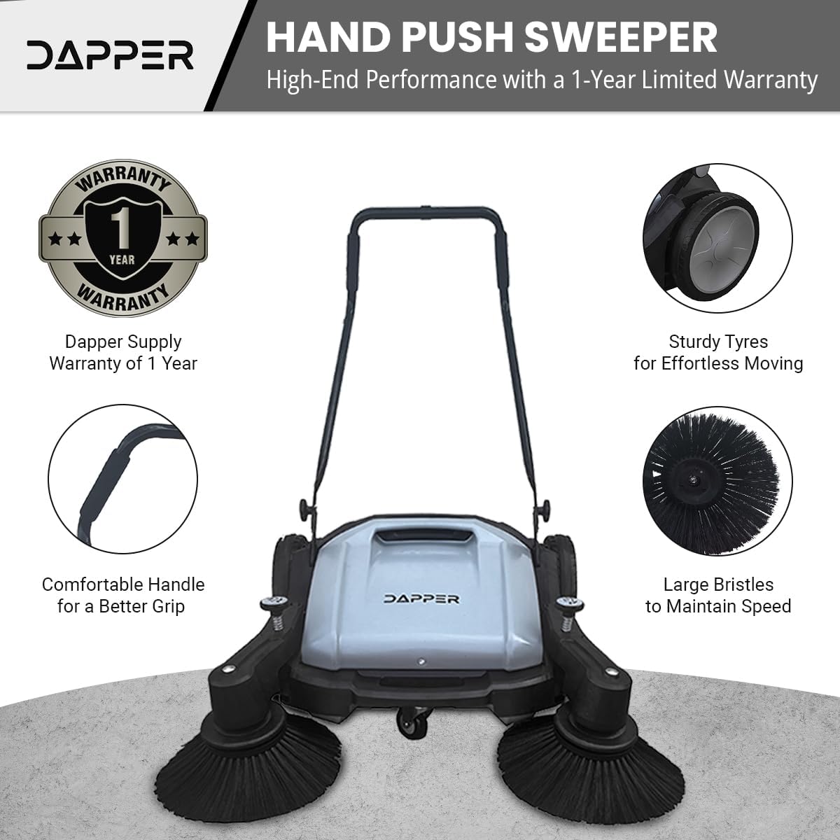 Walk-Behind Outdoor Hand Push Floor Sweeper - 5.25 Gallon Capacity - 25.5" Sweeping Width - Sweeps up to 27,900 ft² / Hour, Grey