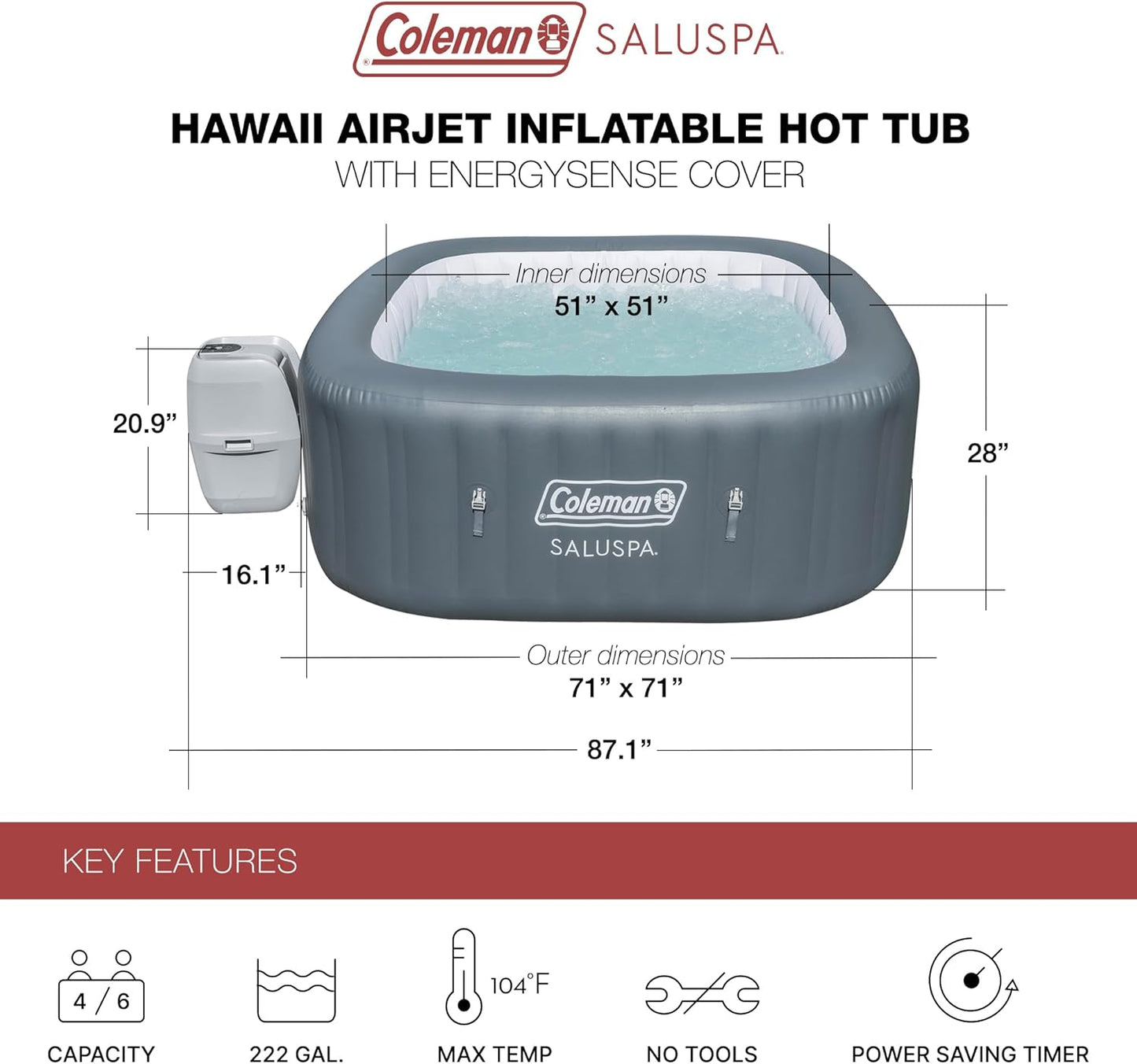 4 to 6 Person Inflatable Hot Tub Square Portable Outdoor Spa with 114 Soothing AirJets and Insulated Cover, Gray-Coleman