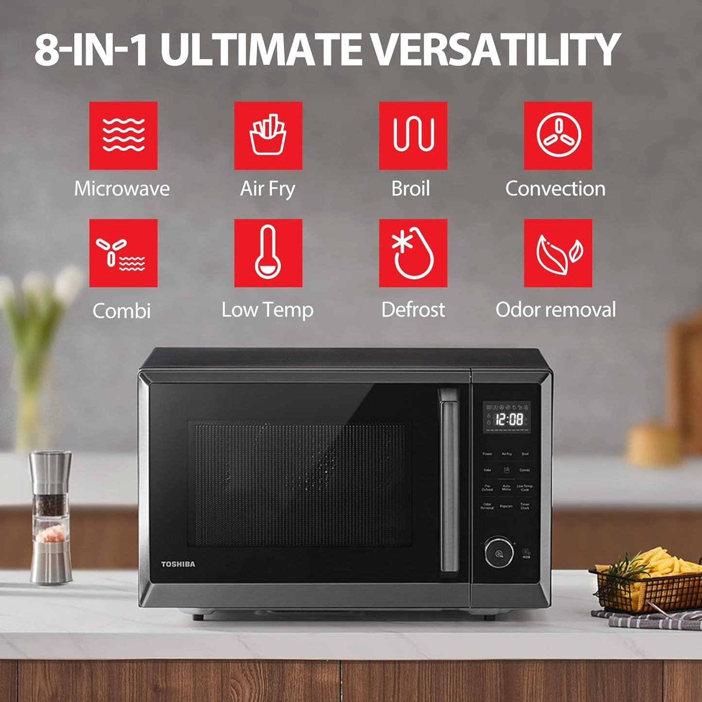 Air Fryer Combo 8-in-1 Countertop Microwave Oven, with Convection, Broil, Odor Removal Mode, 12.4" Position Memory Turntable, Child-Lock, 1.0 Cu.ft, Black Stainless Steel, ML2-EC10SA(BS)