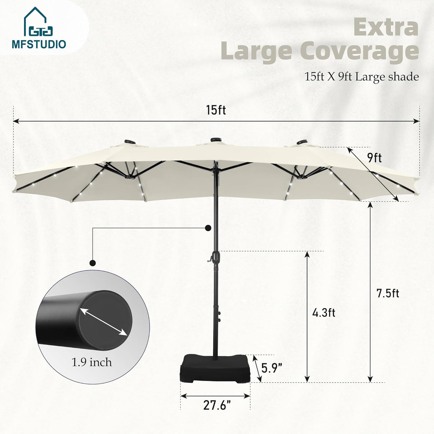 15ft Double Sided Patio Umbrella with Solar Lights, Outdoor Large Umbrellas with Crank Handle and 36 LED Lights, Rectangular Market Umbrella with Base Included for Deck Pool Shade