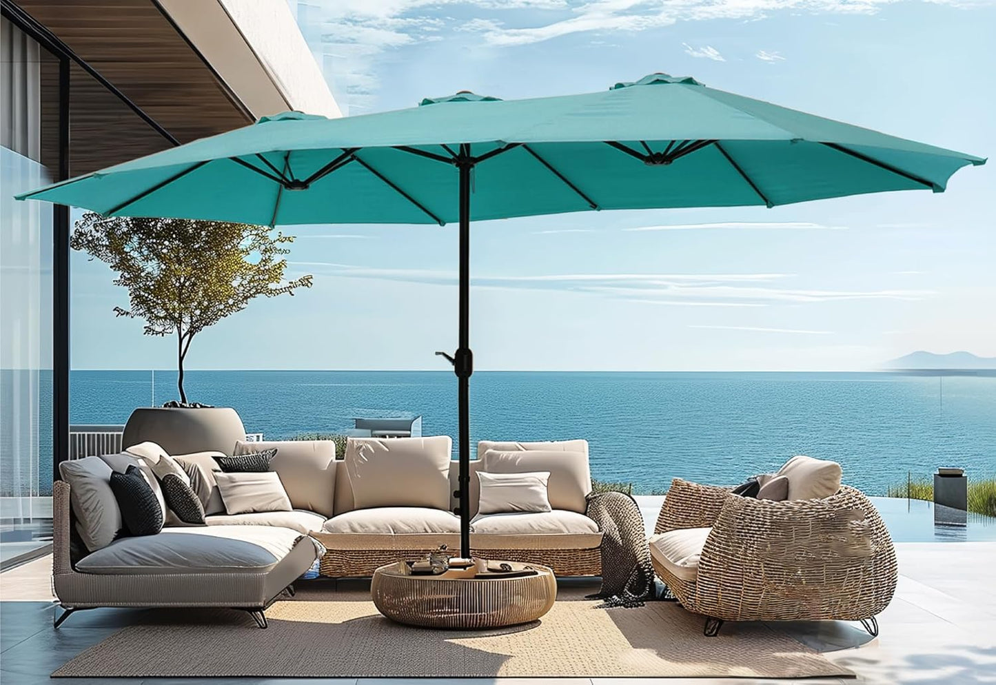 15ft Patio Umbrella Double-Sided Outdoor Market Extra Large Umbrella with Crank, Umbrella Base Included (Dark Red)