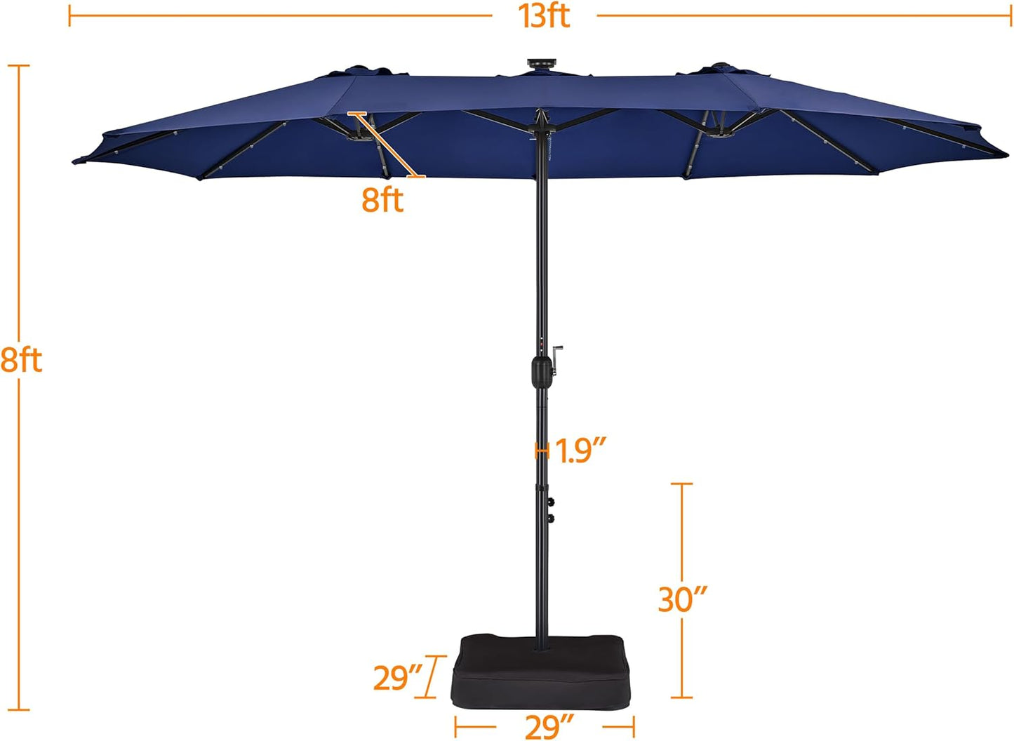 15 ft Large Patio Umbrella with Solar Lights Double-Sided Outdoor Rectangle Market Umbrellas with 36 LED Lights/Base Included/Easy Crank for Patio Garden Yard Pool Lawn, Brown