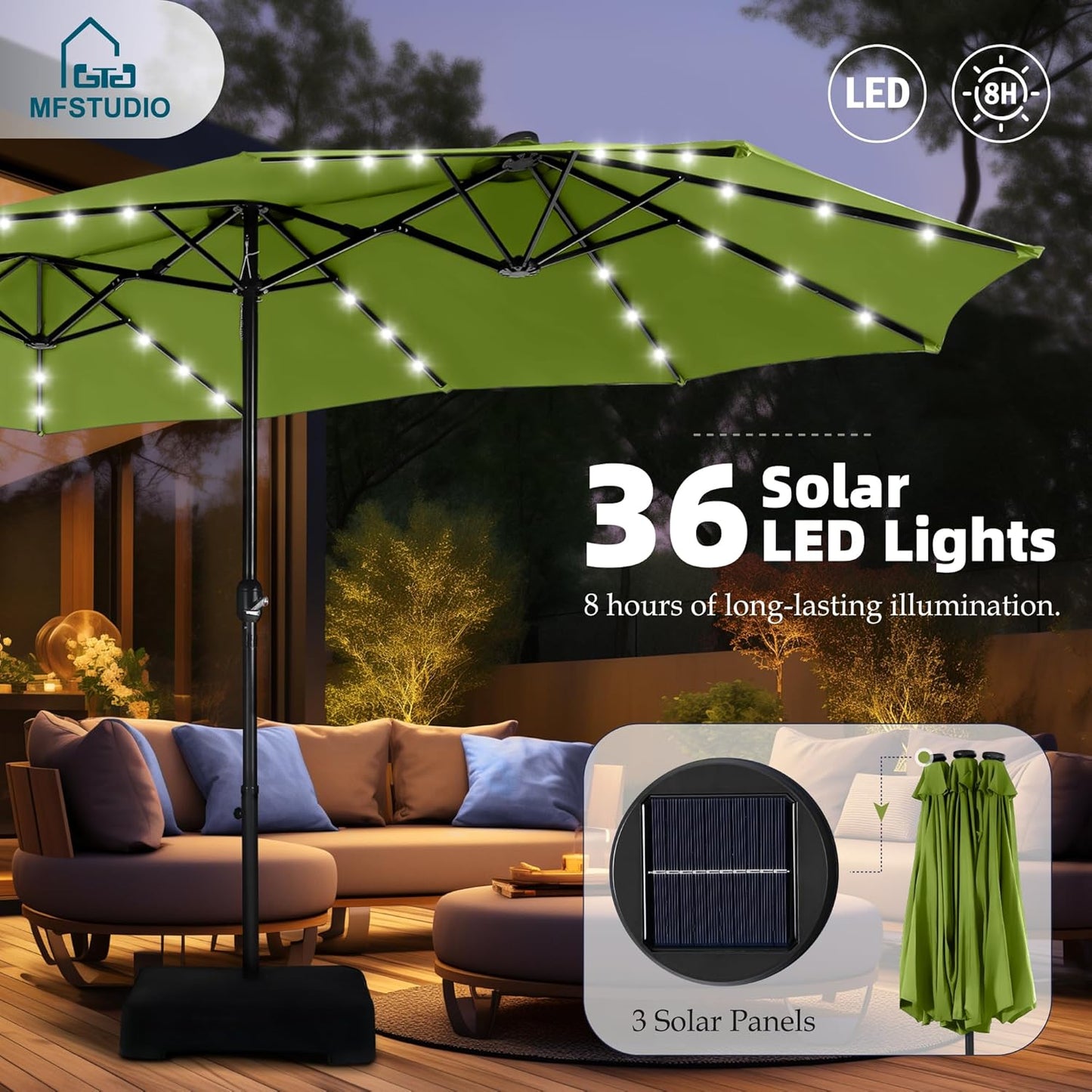 15ft Double Sided Patio Umbrella with Solar Lights, Outdoor Large Umbrellas with Crank Handle and 36 LED Lights, Rectangular Market Umbrella with Base Included for Deck Pool Shade