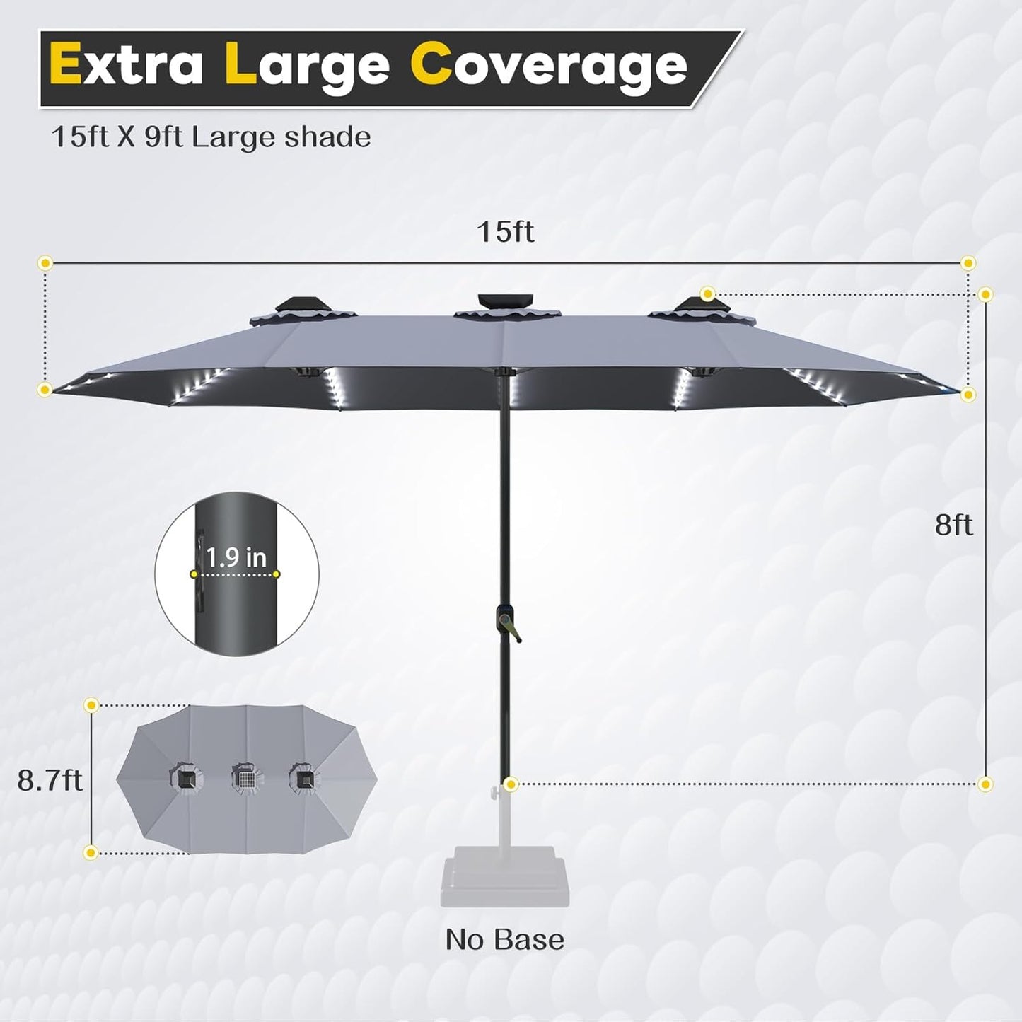 15ft Patio Umbrella with Solar Lights, Large Double Umbrella Outdoor, Rectangle 180''x106'' Umbrellas with 156 PCS LED Lights and Crank Handle for Backyard Deck Pool Shade in Black(1.9" Pole)