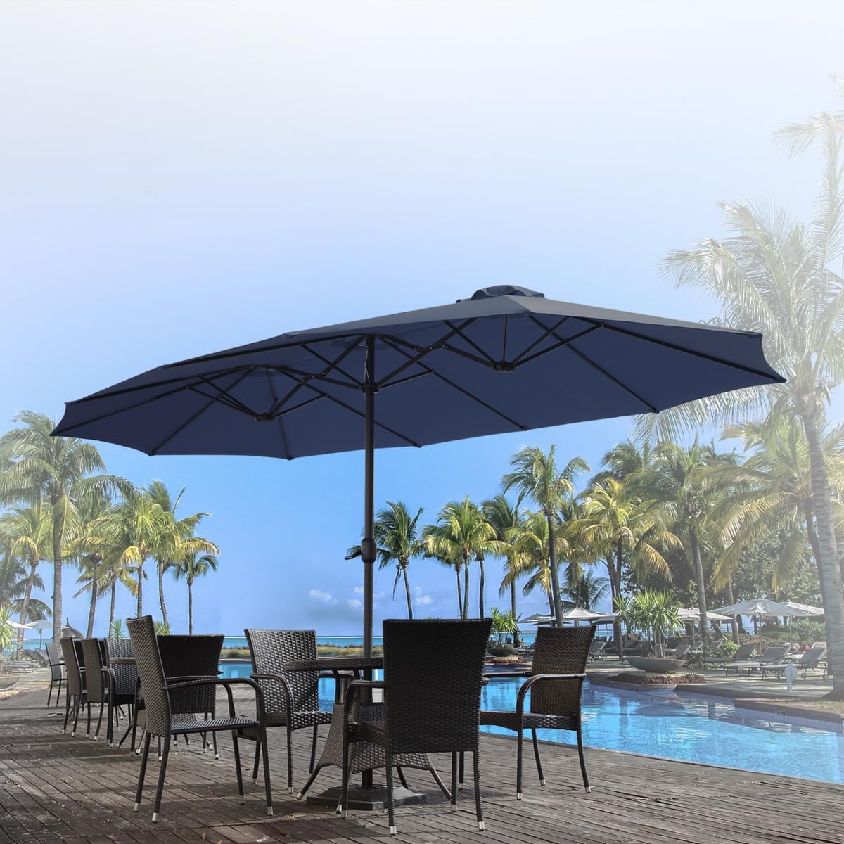 15ft Patio Umbrella with Solar Lights, Large Double Umbrella Outdoor, Rectangle 180''x106'' Umbrellas with 156 PCS LED Lights and Crank Handle for Backyard Deck Pool Shade in Black(1.9" Pole)