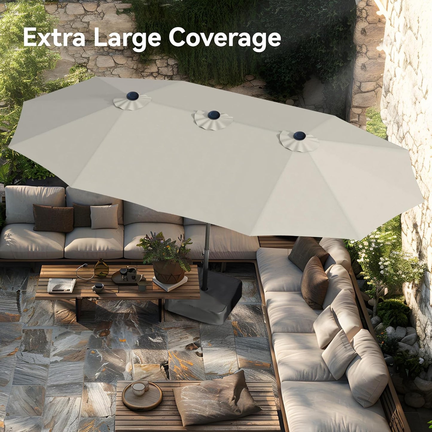 15ft Patio Umbrella Double-Sided Outdoor Market Extra Large Umbrella with Crank, Umbrella Base Included (Dark Red)