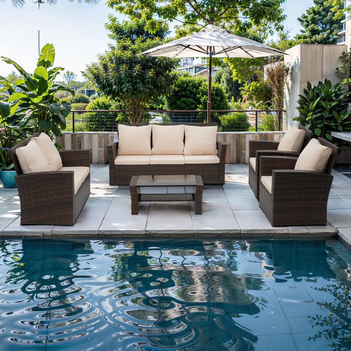 Wisteria Lane 4 Piece Outdoor Patio Furniture Sets, Wicker Conversation Set for Porch Deck, Grey Rattan Sofa Chair with Cushion （Blue