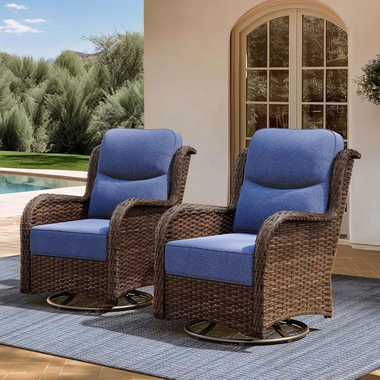 Outdoor Swivel Rocker Patio Chairs with 6-Inch Thick Cushions and Side Table, 3PCS High Back Wicker Patio Furniture Set for Porch, Balcony, Deck and Yard in Blue