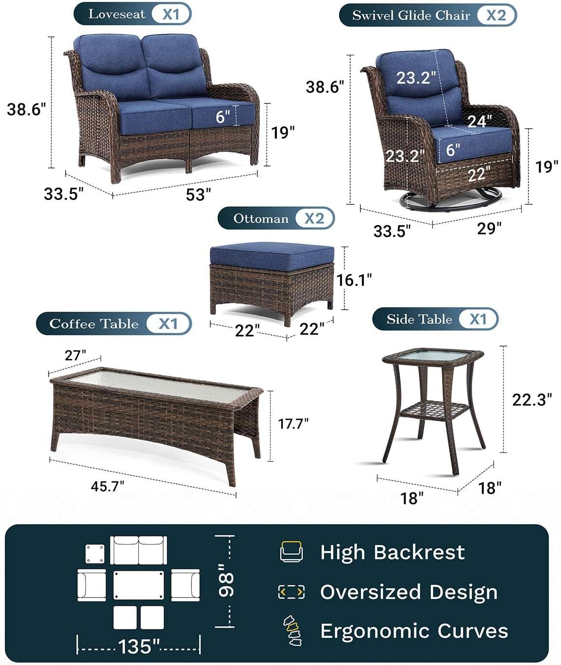 Outdoor Swivel Rocker Patio Chairs with 6-Inch Thick Cushions and Side Table, 3PCS High Back Wicker Patio Furniture Set for Porch, Balcony, Deck and Yard in Blue