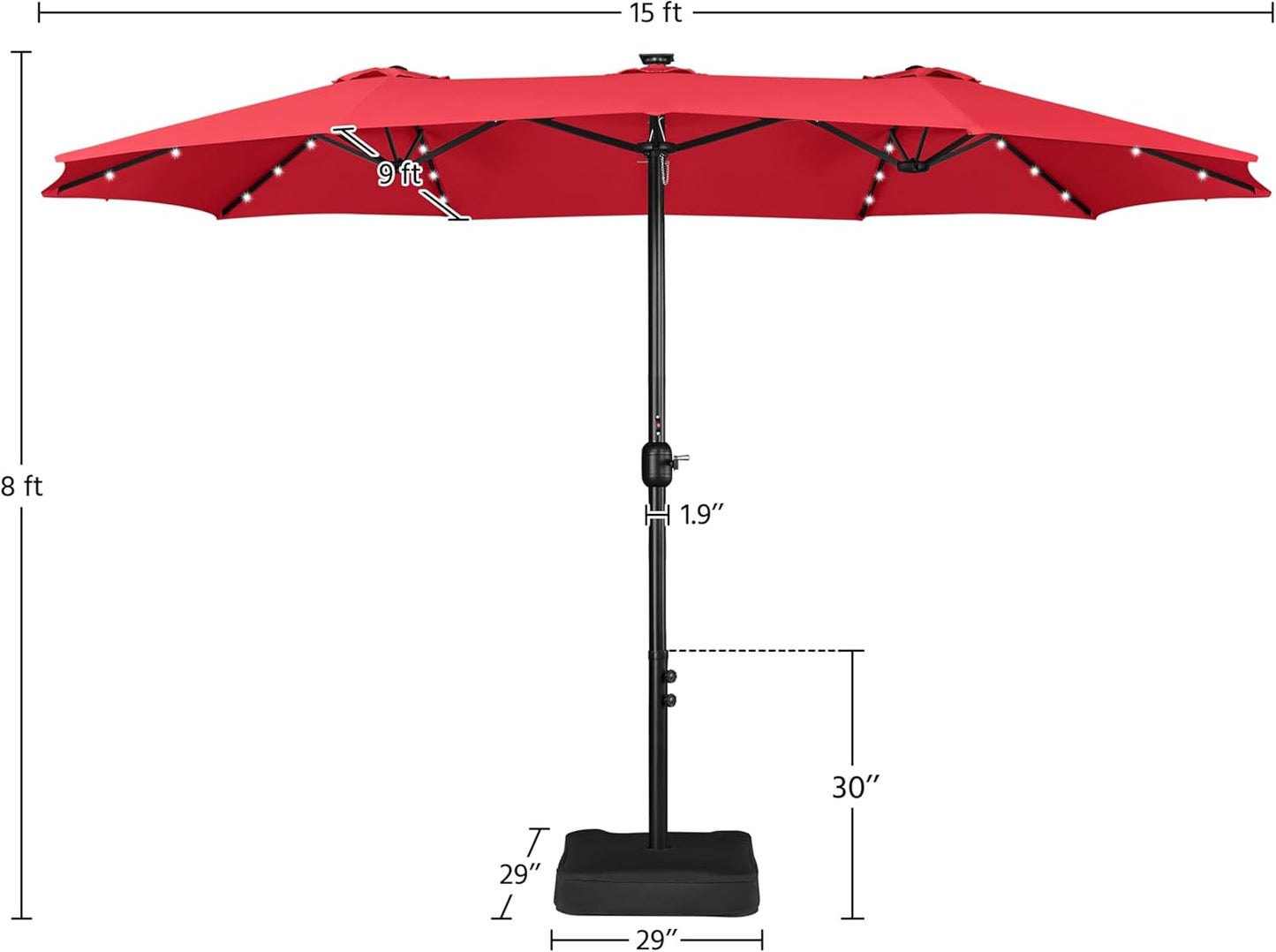 15 ft Large Patio Umbrella with Solar Lights Double-Sided Outdoor Rectangle Market Umbrellas with 36 LED Lights/Base Included/Easy Crank for Patio Garden Yard Pool Lawn, Brown