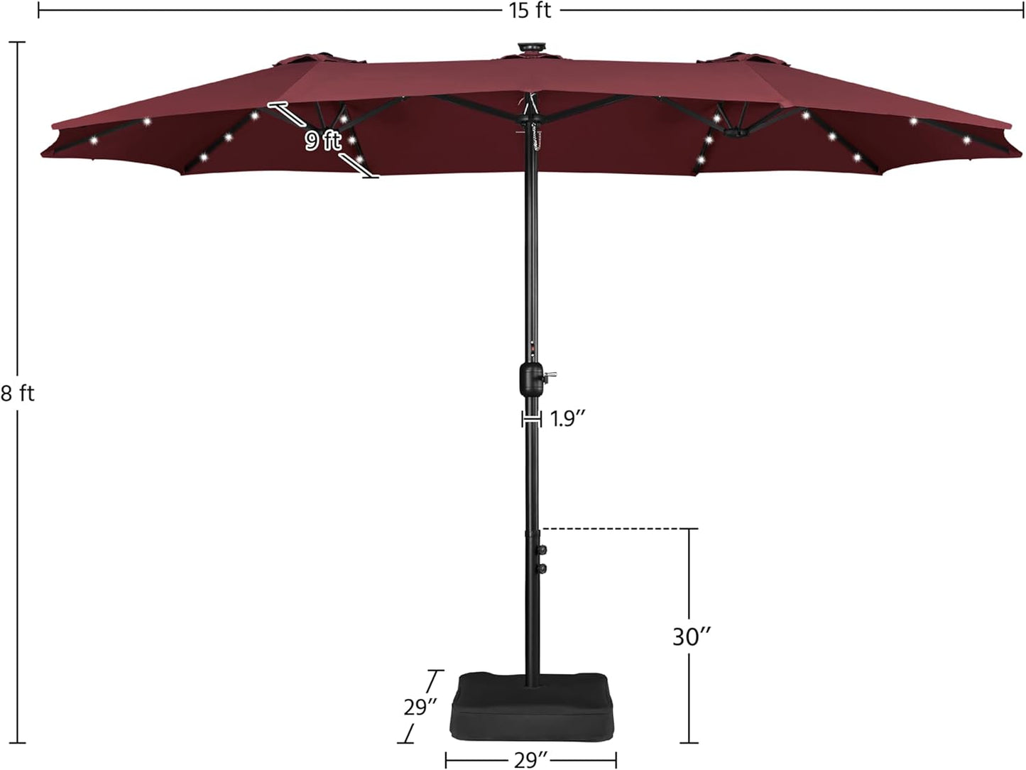 15 ft Large Patio Umbrella with Solar Lights Double-Sided Outdoor Rectangle Market Umbrellas with 36 LED Lights/Base Included/Easy Crank for Patio Garden Yard Pool Lawn, Brown