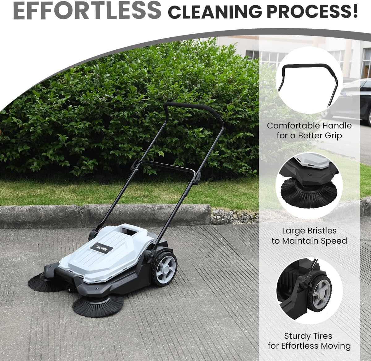Walk-Behind Outdoor Hand Push Floor Sweeper - 5.25 Gallon Capacity - 25.5" Sweeping Width - Sweeps up to 27,900 ft² / Hour, Grey