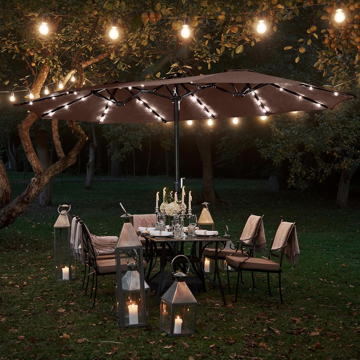 15 ft Large Patio Umbrella with Solar Lights Double-Sided Outdoor Rectangle Market Umbrellas with 36 LED Lights/Base Included/Easy Crank for Patio Garden Yard Pool Lawn, Brown