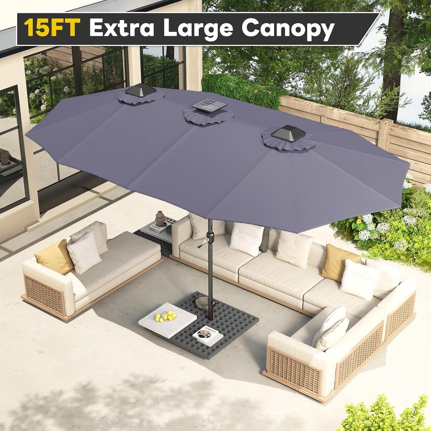 15ft Patio Umbrella with Solar Lights, Large Double Umbrella Outdoor, Rectangle 180''x106'' Umbrellas with 156 PCS LED Lights and Crank Handle for Backyard Deck Pool Shade in Black(1.9" Pole)