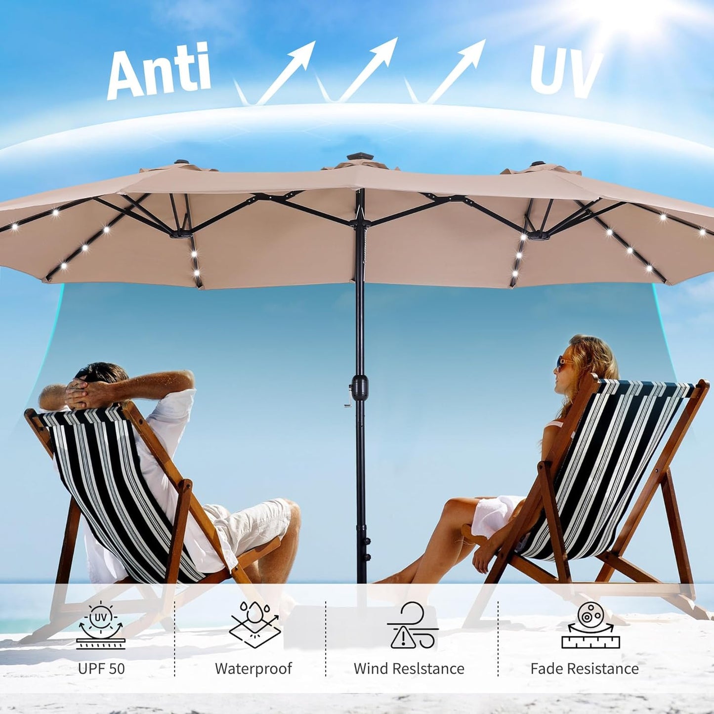 15ft Double Sided Patio Umbrella with Solar Lights, Outdoor Large Umbrellas with Crank Handle and 36 LED Lights, Rectangular Market Umbrella with Base Included for Deck Pool Shade