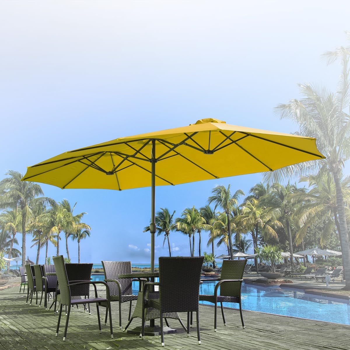 15ft Patio Umbrella with Solar Lights, Large Double Umbrella Outdoor, Rectangle 180''x106'' Umbrellas with 156 PCS LED Lights and Crank Handle for Backyard Deck Pool Shade in Black(1.9" Pole)