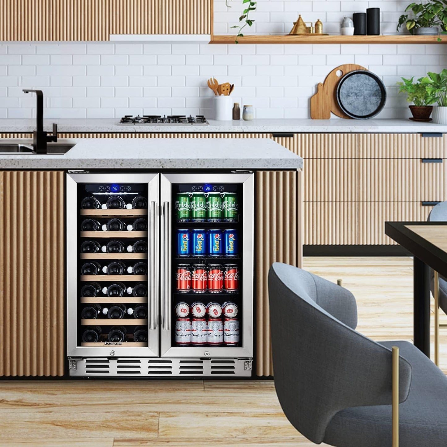 24 inch Wine Cooler, 46 Bottle - Dual Zone Built-in or Freestanding Fridge with Stainless Steel Reversible Glass Door, for Home, Kitchen, or Office.