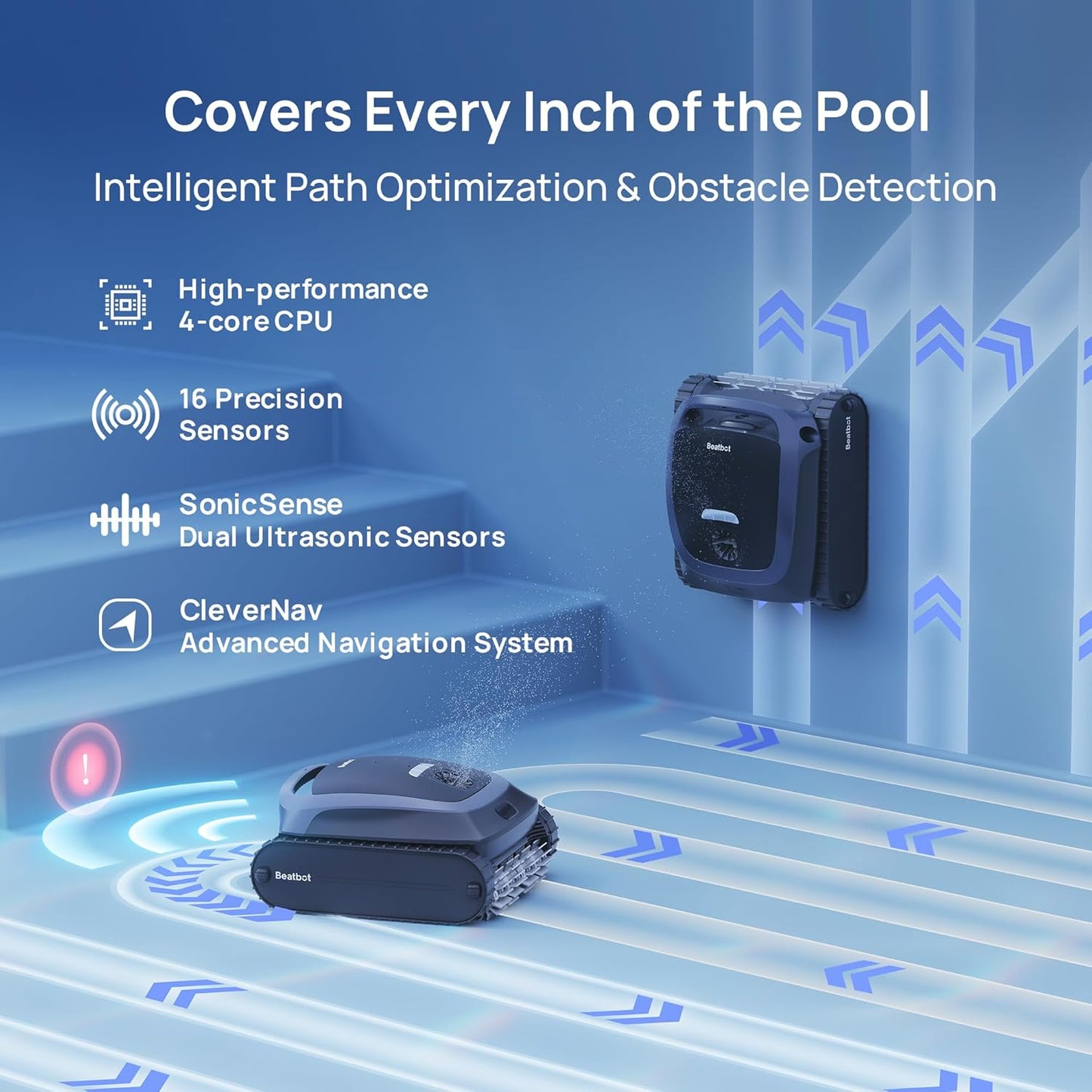 Beatbot AquaSense 2 Cordless Robotic Pool Vacuum Cleaner, Smart Surface Parking, Double-Pass Waterline Scrubbing, Cleans Floor, Walls, and Waterline, Above & In-Ground Pools up to 3,230 sq.ft - Blue