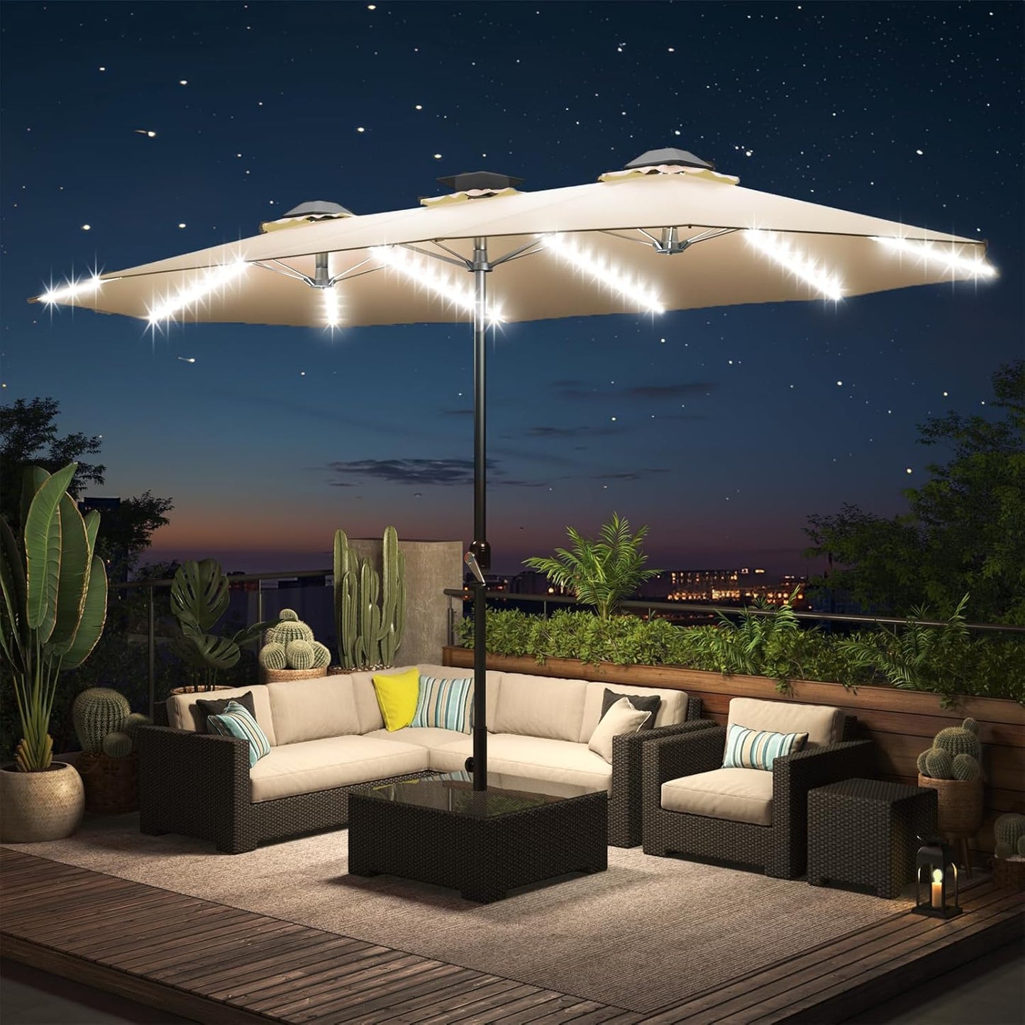 15ft Patio Umbrella with Solar Lights, Large Double Umbrella Outdoor, Rectangle 180''x106'' Umbrellas with 156 PCS LED Lights and Crank Handle for Backyard Deck Pool Shade in Black(1.9" Pole)