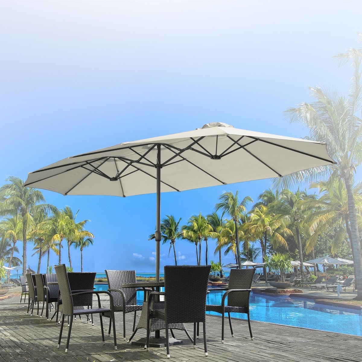 15ft Patio Umbrella with Solar Lights, Large Double Umbrella Outdoor, Rectangle 180''x106'' Umbrellas with 156 PCS LED Lights and Crank Handle for Backyard Deck Pool Shade in Black(1.9" Pole)