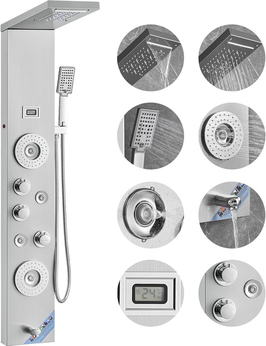 Shower Panel System, 6 Shower Modes, LED & Display Shower Panel Tower, Rainfall, Waterfall, 4 Body Massage Jets, Tub Spout, Handheld Shower Head 59" Hose, Stainless Steel Wall-Mounted Shower Set
