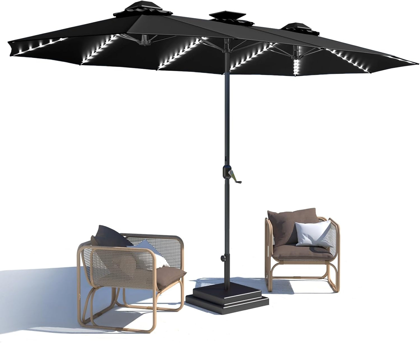 15ft Patio Umbrella with Solar Lights, Large Double Umbrella Outdoor, Rectangle 180''x106'' Umbrellas with 156 PCS LED Lights and Crank Handle for Backyard Deck Pool Shade in Black(1.9" Pole)