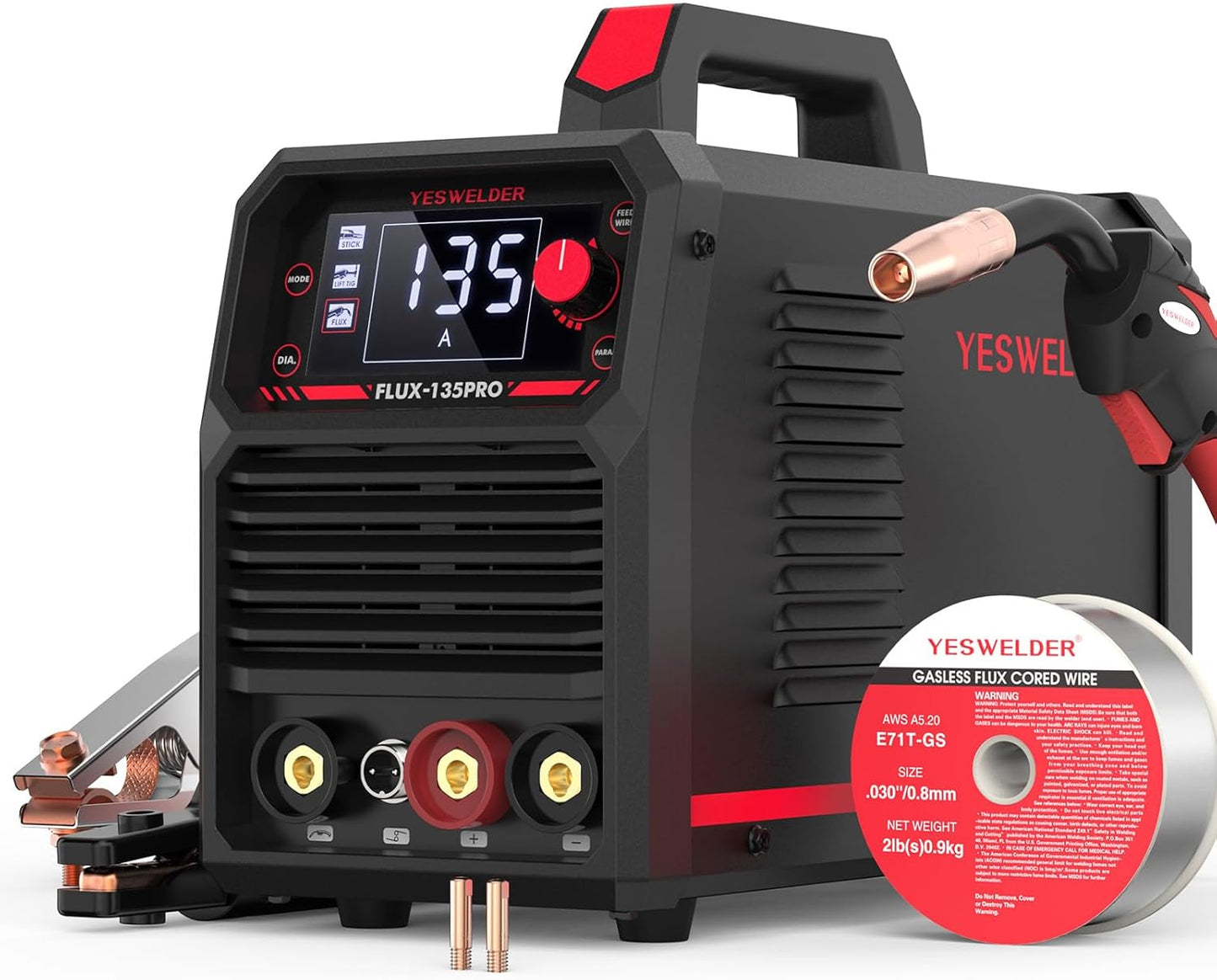 135Amp MIG Welder,110V Flux Core Welder Flux MIG/Lift TIG/Stick 3-in-1 Large LED Digital Display Welding Machine IGBT Inverter Welder FLUX-135PRO