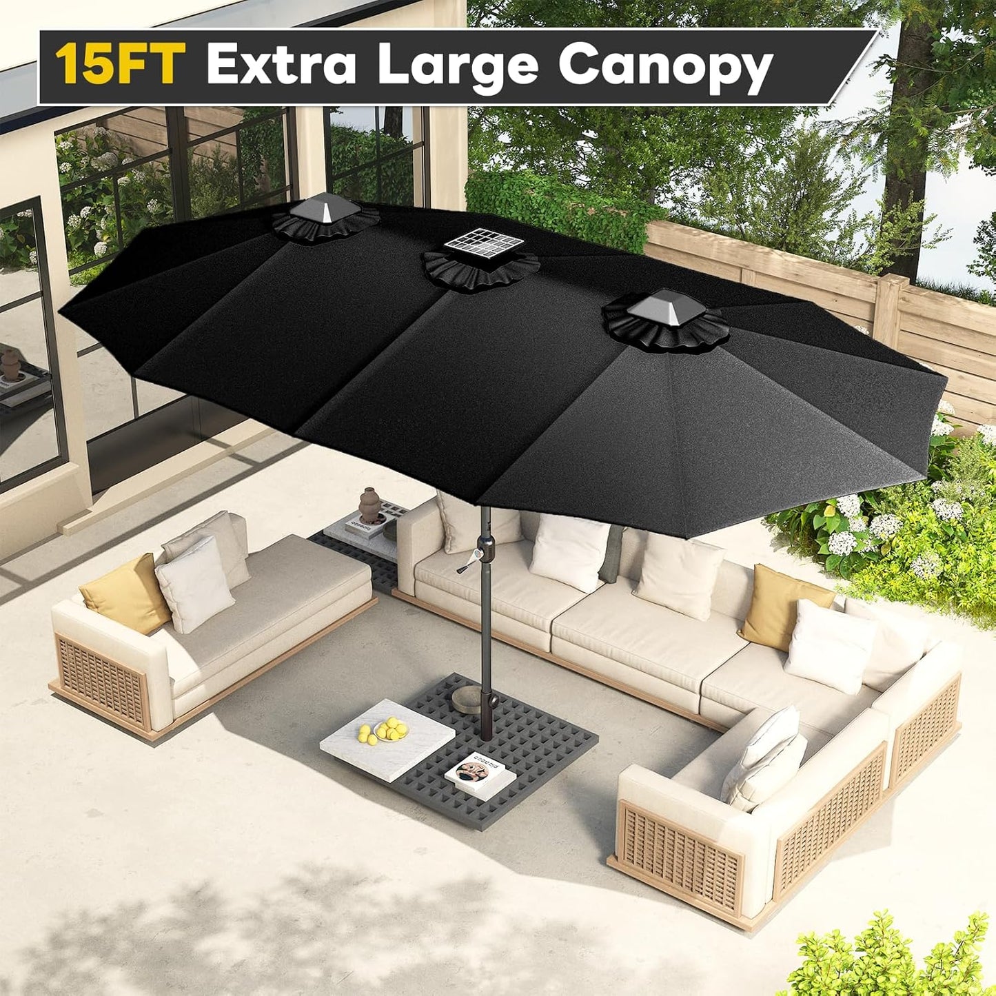 15ft Patio Umbrella with Solar Lights, Large Double Umbrella Outdoor, Rectangle 180''x106'' Umbrellas with 156 PCS LED Lights and Crank Handle for Backyard Deck Pool Shade in Black(1.9" Pole)