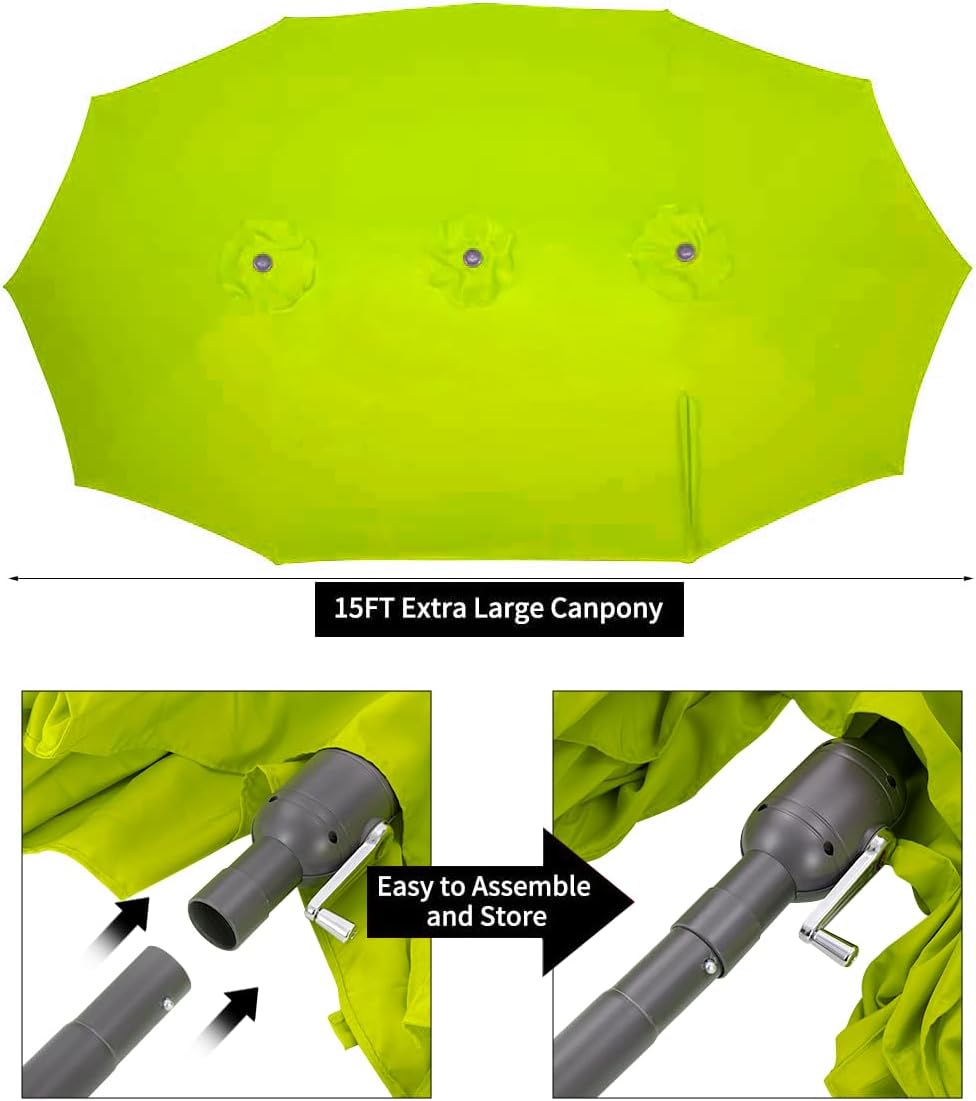 15ft Patio Umbrella with Solar Lights, Large Double Umbrella Outdoor, Rectangle 180''x106'' Umbrellas with 156 PCS LED Lights and Crank Handle for Backyard Deck Pool Shade in Black(1.9" Pole)