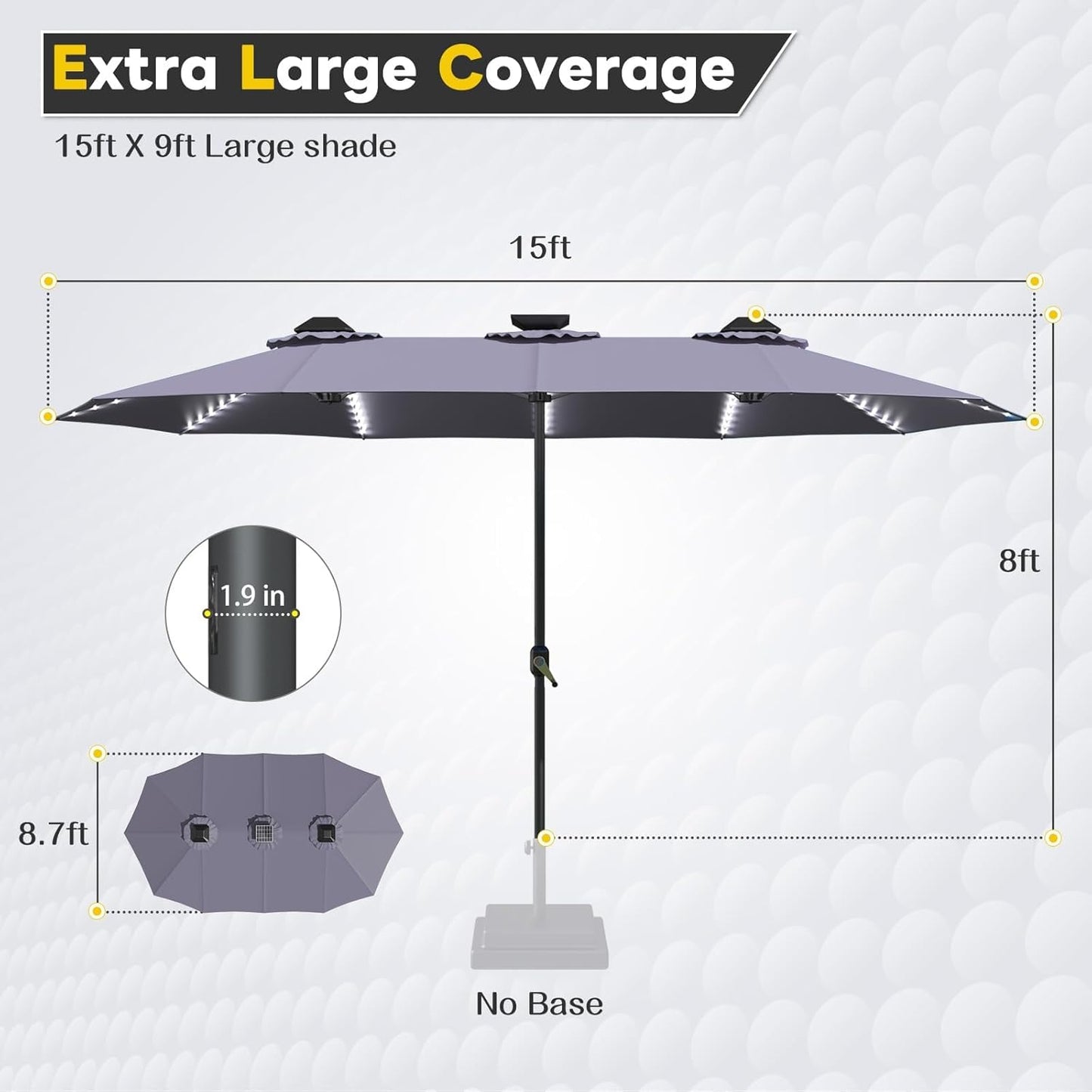 15ft Patio Umbrella with Solar Lights, Large Double Umbrella Outdoor, Rectangle 180''x106'' Umbrellas with 156 PCS LED Lights and Crank Handle for Backyard Deck Pool Shade in Black(1.9" Pole)