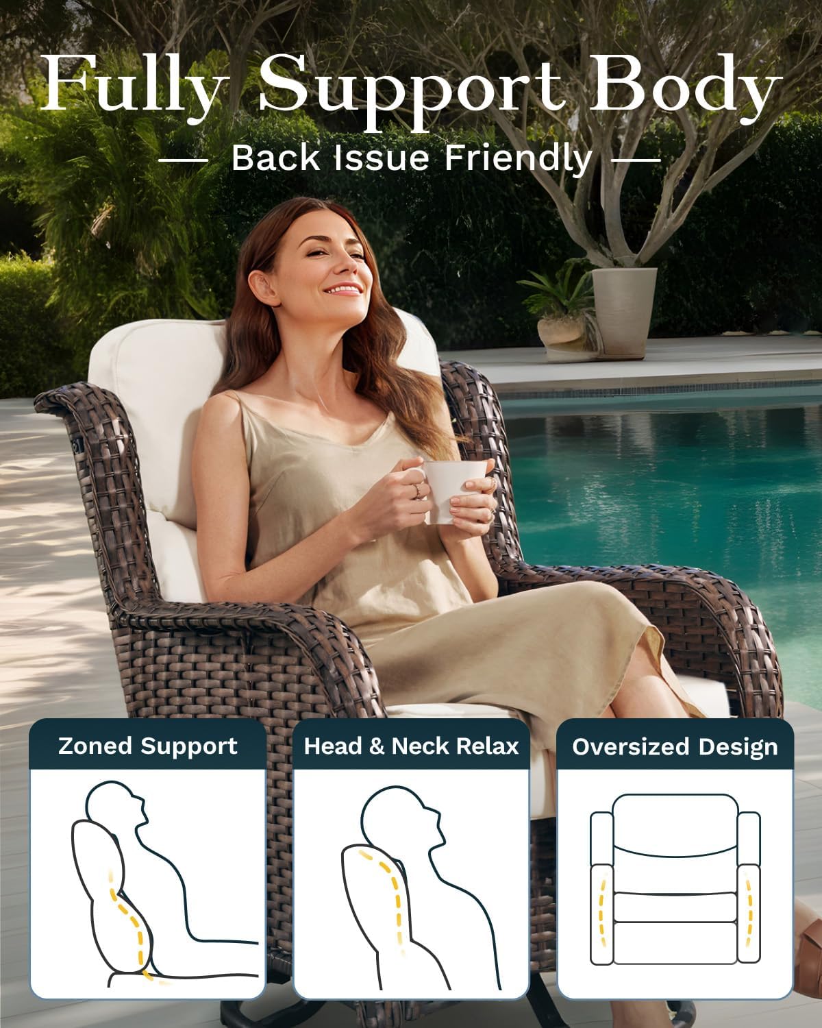 Outdoor Swivel Rocker Patio Chairs with 6-Inch Thick Cushions and Side Table, 3PCS High Back Wicker Patio Furniture Set for Porch, Balcony, Deck and Yard in Blue