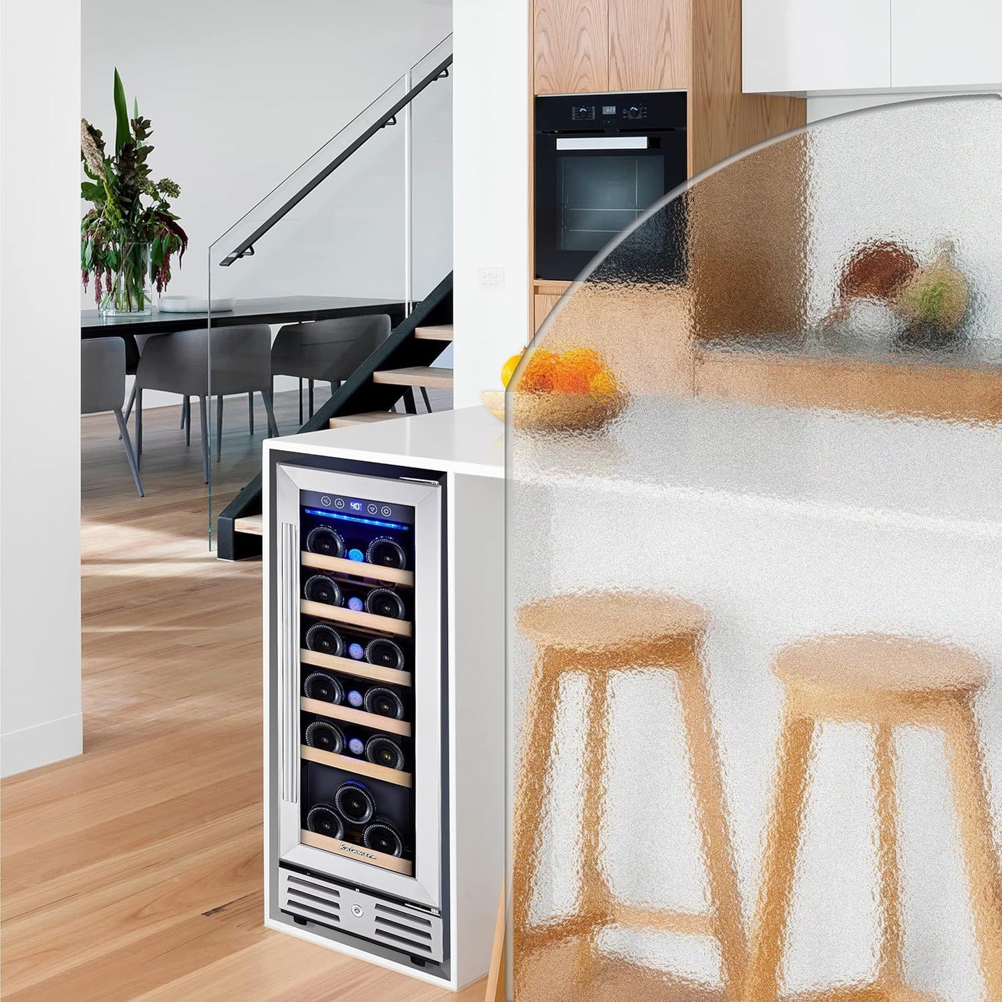 24 inch Wine Cooler, 46 Bottle - Dual Zone Built-in or Freestanding Fridge with Stainless Steel Reversible Glass Door, for Home, Kitchen, or Office.