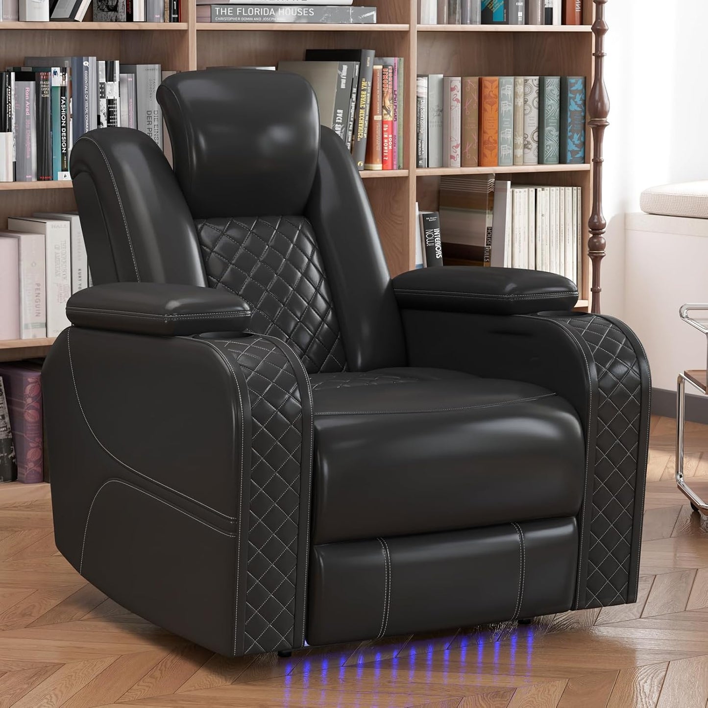 Power Home Theater Seating Set of 3, Brown Faux Leather Electric Recliner Chair with Powered Headrest, Dual Motors Movie Reclining Chairs with LED Lights,USB Port,Cup Holders, Hidden Arm Storage